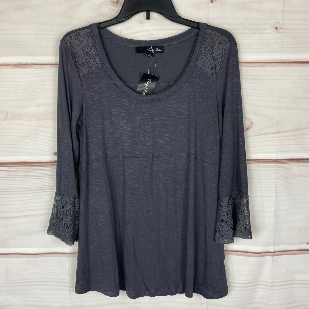 Sonja Betro Top Womens Small Gray Scoop Neck Lace Trim Tunic 3/4 Sleeve‎ Solid